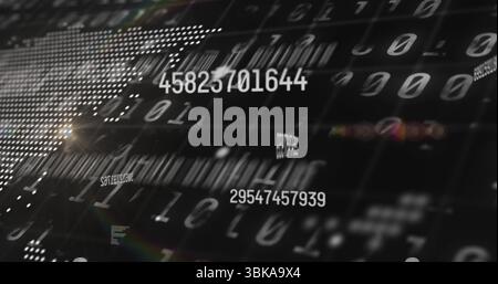 Floating numeric string drifting in data space with binary digits barcode bars and dot matrix globe. Digital, technology, futuristic, abstract, data, Stock Photo