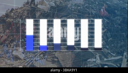 Displaying bar chart overlay showing data trends in scrapyard, with scrap metal and line graph. Industrial, data analysis, urban, technology, statisti Stock Photo