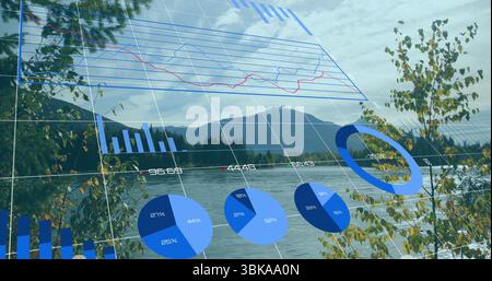 Displaying translucent 3D grid floating over serene lakeside panorama, with financial charts. Digital, analytics, modern, investment, nature, technolo Stock Photo