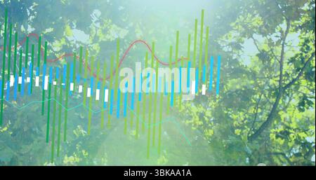 Displaying transparent data visualization under tree canopy, with multicolored bars and line graphs. Nature, analytics, urban, graphic, outdoor, innov Stock Photo