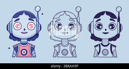 Cute robot girl avatars with headset and antenna collection. Isolated color and outline hand drawings doodle for tech, AI, chatbot, futuristic design Stock Vector