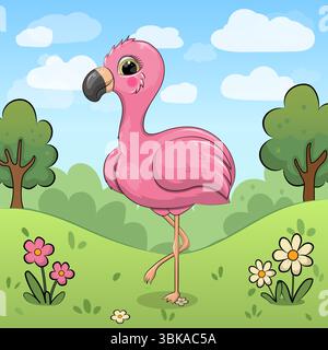Cute cartoon Pink Flamingo in nature. Vector illustration of an animal with red flowers, green grass and trees. Stock Vector