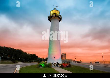 Biloxi Lighthouse on the background of a dramatic sunrise sky in Biloxi, Mississippi, USA. Stock Photo