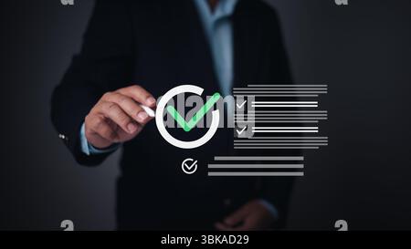 Person marks a holographic checklist with checkmark, symbolizing task completion, project success, quality control, and approval processes. Business, Stock Photo