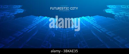 Futuristic Smart City Background with Neon Blue Tech Skyline and Abstract Data Network. 3D Vector Buildings for Cyberpunk Metropolis or AI Business Stock Vector
