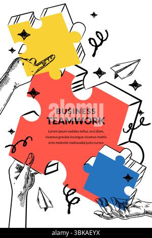 Teamwork and partnership concept. Human hands connecting puzzle pieces. Vector sketch illustration for business, collaboration, strategy, unity, solut Stock Vector