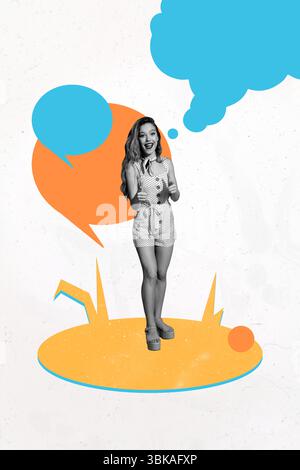 Poster sketch image artwork 3D photo collage of young lady retro style stand smile finger point speech cloud communication comment talk Stock Photo