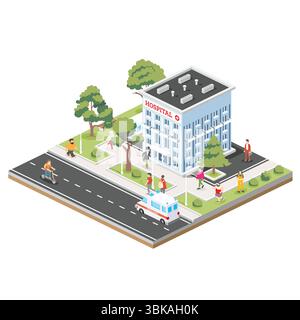 City hospital with people, trees, an ambulance, and a street. A modern medical building surrounded by an urban landscape. Stock Vector