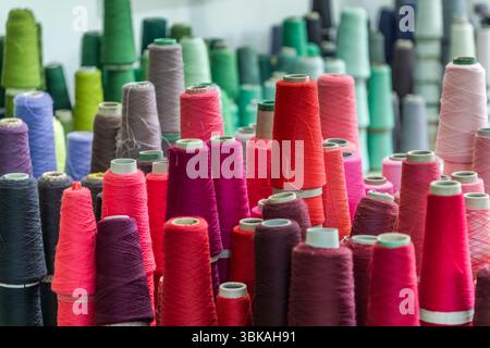 Close-up of yarns made from hand-spun, naturally dyed virgin wool for the tapestry 'Hommage à George Sand' by Françoise Petrovitch in the Robert Four workshop. Aubusson is known for its ability to weave very fine colour nuances and gradations – typically, up to 220 different shades are used per piece. Rue Madeleine, Aubusson, Nouvelle-Aquitaine, France Stock Photo