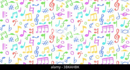 Seamless pattern of charcoal scribble music notes. Vector illustration of cute childish music school pastel or wax pencil signs. Handwritten Stock Vector