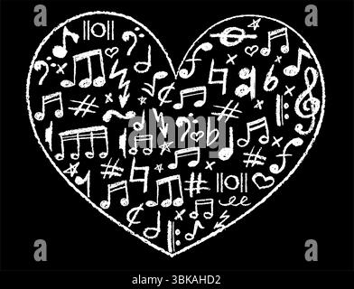 Heart shape filled with musical icons set. Charcoal stamp texture, cute underline symbols for kindergarten or school. White music note, lightning and Stock Vector