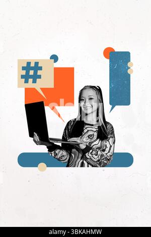 Sketch image artwork composite photo collage of young woman smile hand hold laptop message app social media talk chat speech cloud dialog Stock Photo