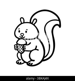A cartoon squirrel holding an ice cream cone. The squirrel is depicted in a simple, outlined style, showcasing its bushy tail and round body. Stock Vector
