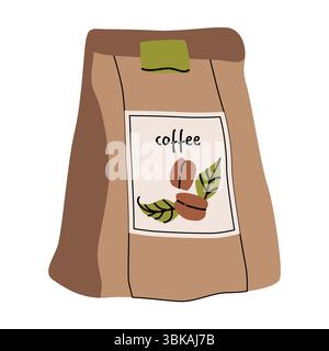 Coffee packaging design featuring brown bag with artistic coffee beans and green leaves. Stock Vector