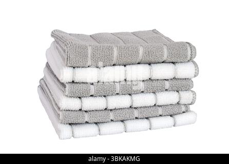 Stack of grey and white microfiber dishcloth isolated cutout on white Stock Photo