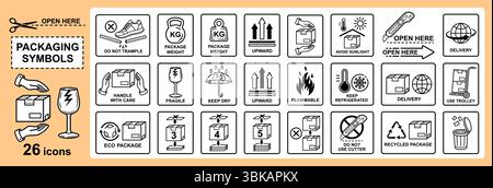 Fragile packaging symbol, handle with care cardboard box package label, cargo shipping, safety parcel delivery. Keep dry, fire protection warning sign Stock Vector