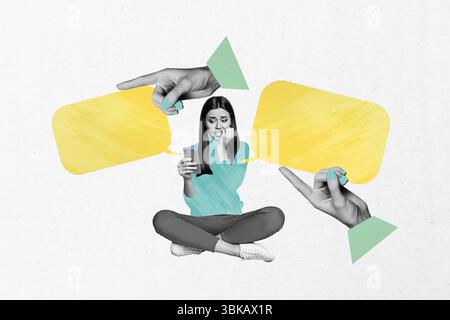 Creative design composite trend artwork collage of young lady sit confused hold smartphone finger point showing message comment bubble Stock Photo