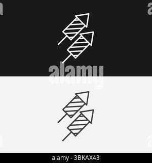 Two Firework Rockets on Black and White Backgrounds, Representing Celebration or Pyrotechnics, White Outline Icon Stock Vector