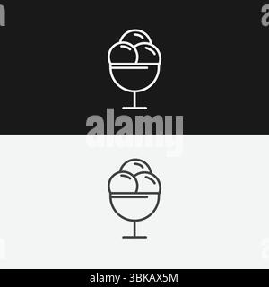 Ice Cream Scoops in a Bowl on Black and White Backgrounds, Representing Dessert or Sweet Treats, White Outline Icon Stock Vector