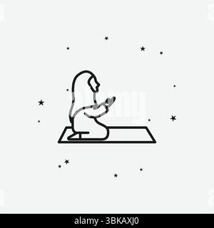 Muslim Woman Praying on a Mat with Scattered Stars, Representing Islamic Prayer or Devotion, White Outline Icon Stock Vector