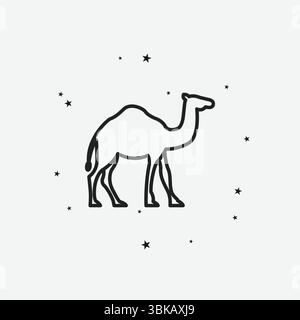 Desert Camel with Scattered Stars on Light Background, Representing Travel, Middle East, or Animals, White Outline Icon Stock Vector