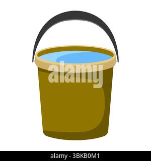 Bucket Filled with Water Vector Illustration. The bucket has a simple cylindrical shape with a smooth dark handle arching over the top. Stock Vector