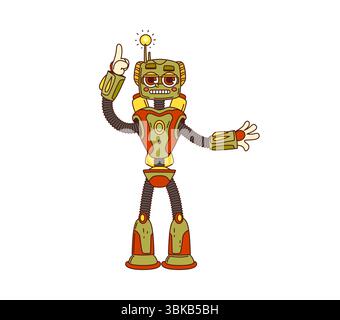 Cartoon groovy robot character with glowing red eyes and comic smile. Vector retro droid with hand raised and lightbulb antenna. Funny y2k vintage mechanical personage in dynamic expressive posture Stock Vector