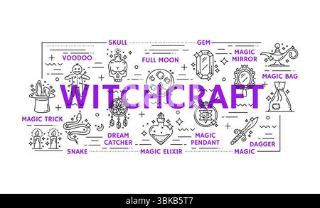 Mystery esoteric witchcraft and magic icons or symbols. Magician hat, magic elixir or potion, dream catcher, snake and human skull outline icons. Witchcraft voodoo doll, gem and moon lineart symbols Stock Vector
