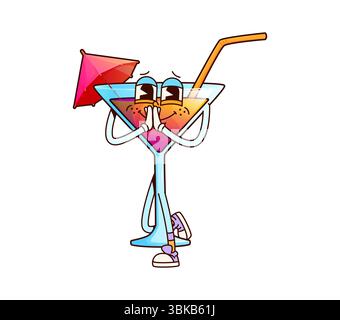 Cocktail drink glass cartoon groovy funny character. Margarita summer beverage triangle glass cartoon cute personage, tropical cocktail drink isolated vector groovy character with straw and umbrella Stock Vector