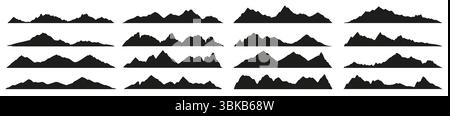 Mountain range silhouettes, black rocky landscape shapes. Isolated vector range of hills, monochrome ridges. Alps with summit peaks set of elements for adventure, rocks climbing, travel and hiking Stock Vector
