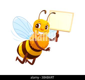 Cartoon honey bee character with signboard. Vector smiling flying honeybee holding empty blank placard. Funny yellow striped garden insect with wings, personage for apiary, beekeeping or children book Stock Vector