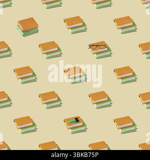 Books in orange and green covers, glasses, markers on a yellow background, seamless pattern, stationery for business and education Stock Photo
