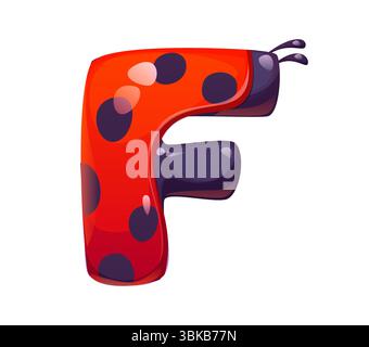 Ladybug beetle cartoon font letter F. Red insect kids ABC font sign, garden ladybird vector typeface symbol. Spring ladybug beetle typeset letter or cartoon English alphabet type element Stock Vector