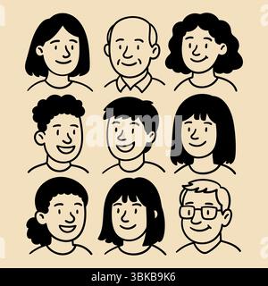 Doodle people faces set in hand drawn style. Collection of avatar icons. Smiling men and women. Black line vector illustration isolated on transparent Stock Vector