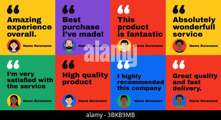 Bold testimonial template set with colorful backgrounds large quote text and round avatar flat vector illustration Stock Vector