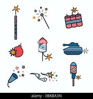 Fireworks with Independence Day Icon Set Stock Vector