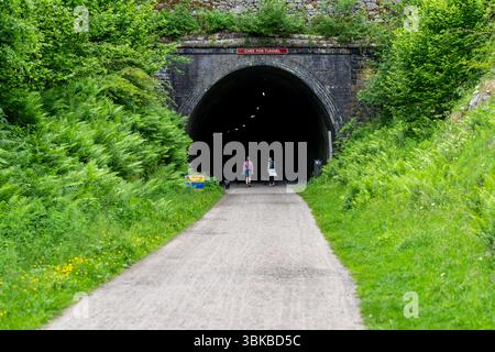 Two women walking their dogs on the Monsal Trail towards the Chee Tor number 2 tunnel in the Peak District National Park in Derbyshire, England Stock Photo