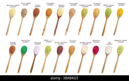 Superfoods. Different powders in spoons and names on white background, set. Top view Stock Photo