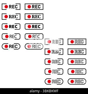 REC label set. Red record buttons. Video control icons. Vector media elements Stock Vector