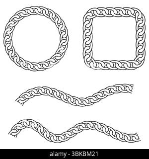 Twisted rope frames. Nautical wavy borders. Handcrafted marine shapes. Black and white vector. Stock Vector