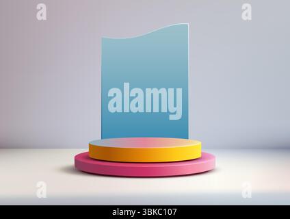 vibrant 3d product display mockup 3D pink base and yellow podium with a sleek translucent blue panel, modern branding, advertising, and digital presen Stock Vector