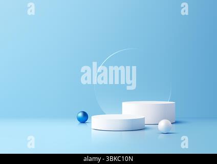 white 3d product display featuring cylindrical podiums, a translucent glass circle, and blue and white spheres on a serene light blue background, mode Stock Vector