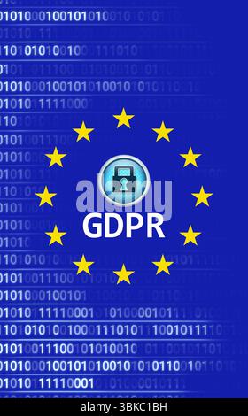 Flat design is showing GDPR padlock emblem floating over blue binary code with yellow star ring Stock Photo