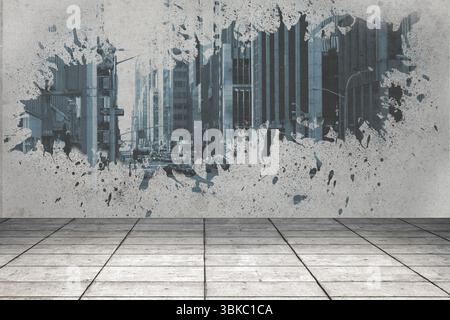 flat design splatter mural is revealing urban street scene on concrete wall over grey tiled floor Stock Photo