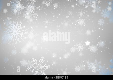 Showing flat design grey gradient bg with drifting flakes or stars or dots centering six-point snowf Stock Photo