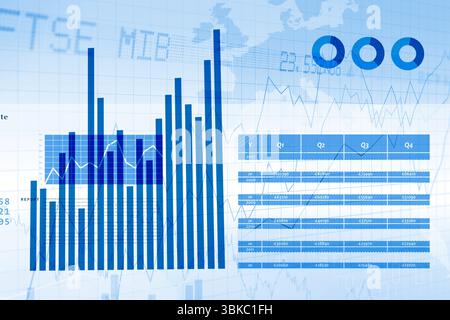 Showing flat design dashboard with blue bar chart left, Q1–Q4 data table and three blue icons Stock Photo