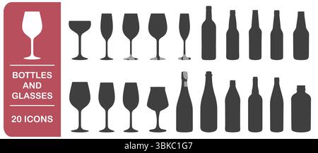 Set of different wine glasses and beer bottles icon symbols. Beer bottle icons collection. Vector illustration image. Wine glass and bottles silhouett Stock Vector