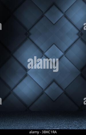 Geometric wall panel pattern is spanning moody 3D render interior with textured granular floor Stock Photo