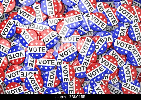 Pile of red and blue enamel buttons is filling frame in 3D render, highlighting vote symbols Stock Photo
