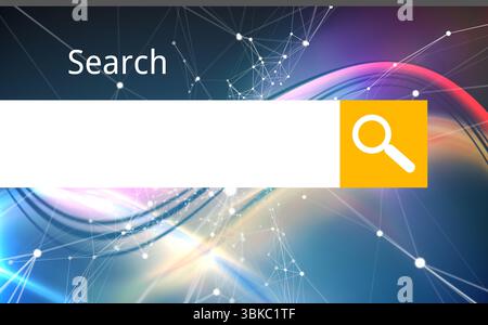 Featuring flat design search input field with yellow magnifier button over web with colorful waves Stock Photo